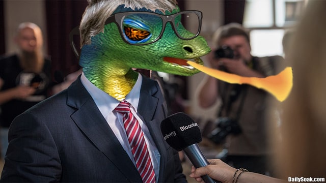 Green lizard wearing blue suit and tie spitting yellow venom at woman.