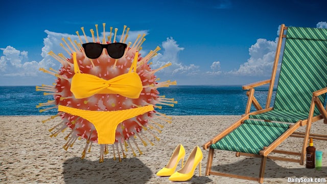 Coronavirus wearing yellow bikini on beach.