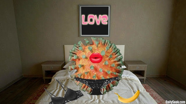 COVID virus on white bed wearing black panties and red lipstick.