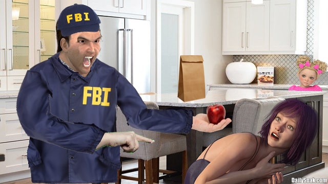 FBI agent wearing blue jacket screaming at scared woman inside kitchen.