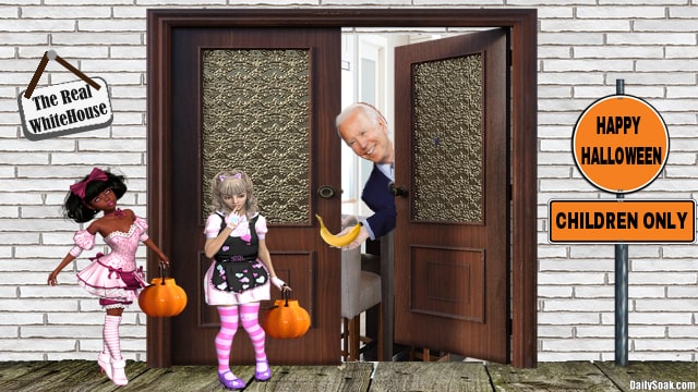Joe Biden wearing blue suit standing at White House door giving candy to two girls.