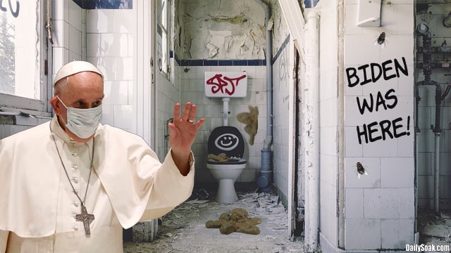Pope Francis wearing white robe and face mask standing inside dirty bathroom.