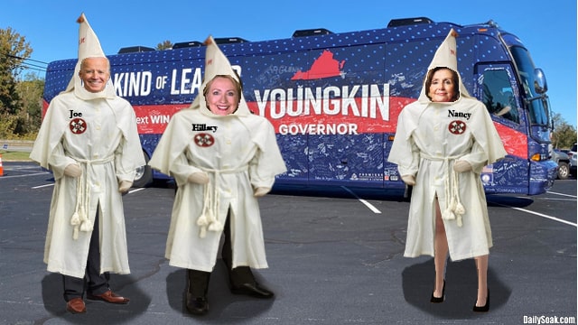 President Joe Biden, Nancy Pelosi, and Hillary Clinton wearing white KKK robes near blue bus.
