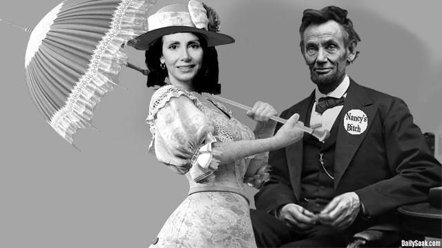 Black and white photo of Nancy Pelosi and Abraham Lincoln.