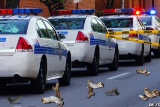 Two dead bloody squirrels on street in front of police car.