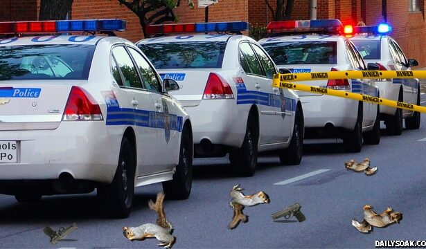 Two dead bloody squirrels on street in front of police car.