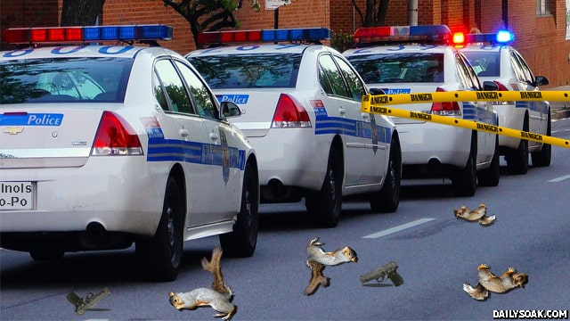 Two dead bloody squirrels on street in front of police car.
