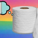 White toilet paper roll and paper towel set against rainbow background.