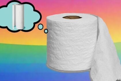 White toilet paper roll and paper towel set against rainbow background.