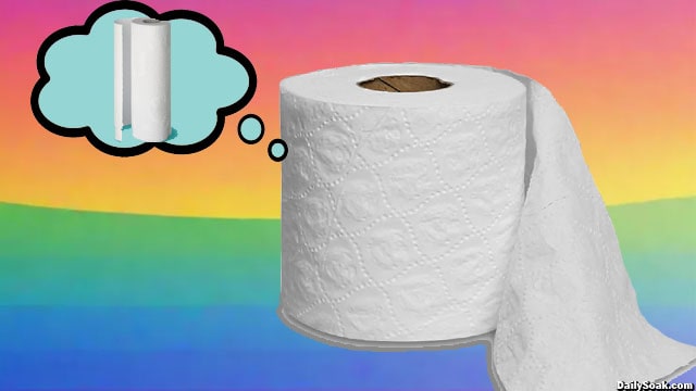 White toilet paper roll and paper towel set against rainbow background.