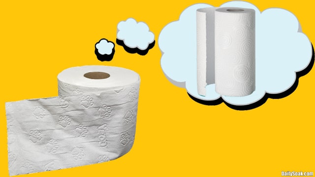 White toilet paper roll and paper towel set against yellow background.