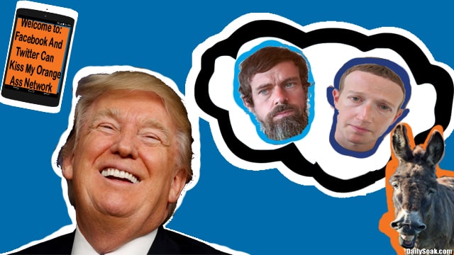 Donald Trump laughing at Mark Zuckerberg and Jack Dorsey against blue background.