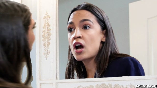 AOC wearing white suit staring into her reflection inside restroom mirror.
