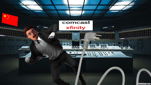 Man in black suit tripping over power cord inside Comcast computer database room.