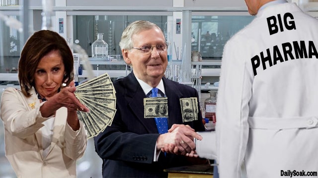 Congress members Nancy Pelosi and Mitch McConnell shaking hands with Big Pharma man in white lab coat inside vaccine laboratory.
