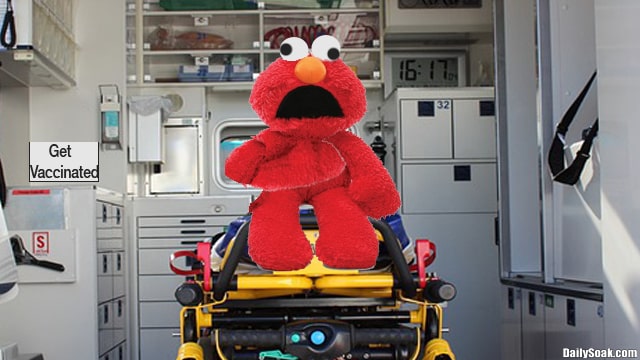 Red Sesame Street Elmo puppet sitting on stretcher inside ambulance.