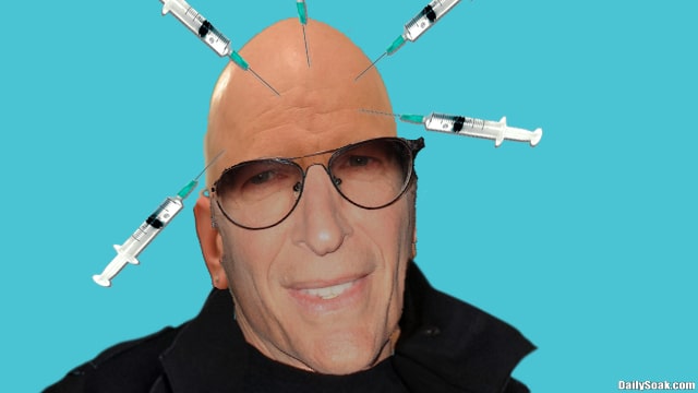 A bald Howard Stern without his black wig against blue background.
