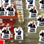 Joe Biden stickers being sold on empty shelves inside supermarkets.