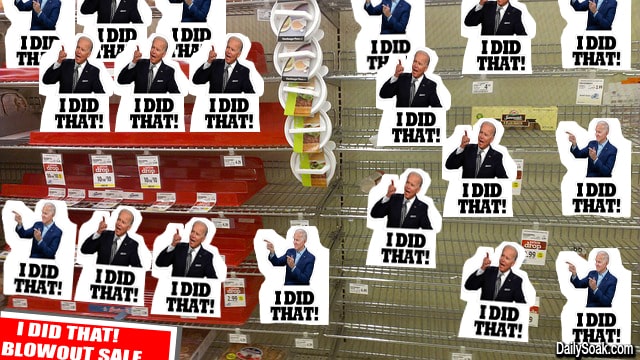 Joe Biden stickers being sold on empty shelves inside supermarkets.