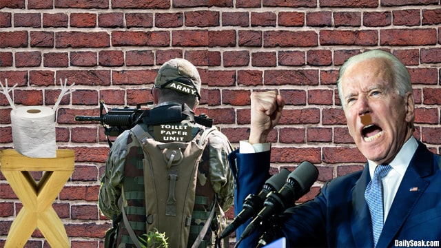 Joe Biden wearing blue suit near Army soldier in front of brick wall.