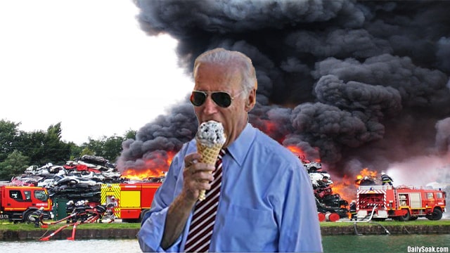 Joe Biden eating ice cream cone in front of fiery car crash.