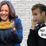 Kamala Harris and Emmanuel Macron standing in front of France flags and white wall.
