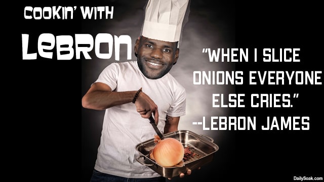 LeBron James wearing white chef's hat and holding pan of onions.