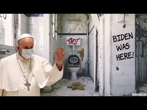 Pope Francis in white robe standing near Vatican City bathroom.
