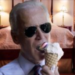 President Joe Biden eating a vanilla ice cream cone inside his bedroom.