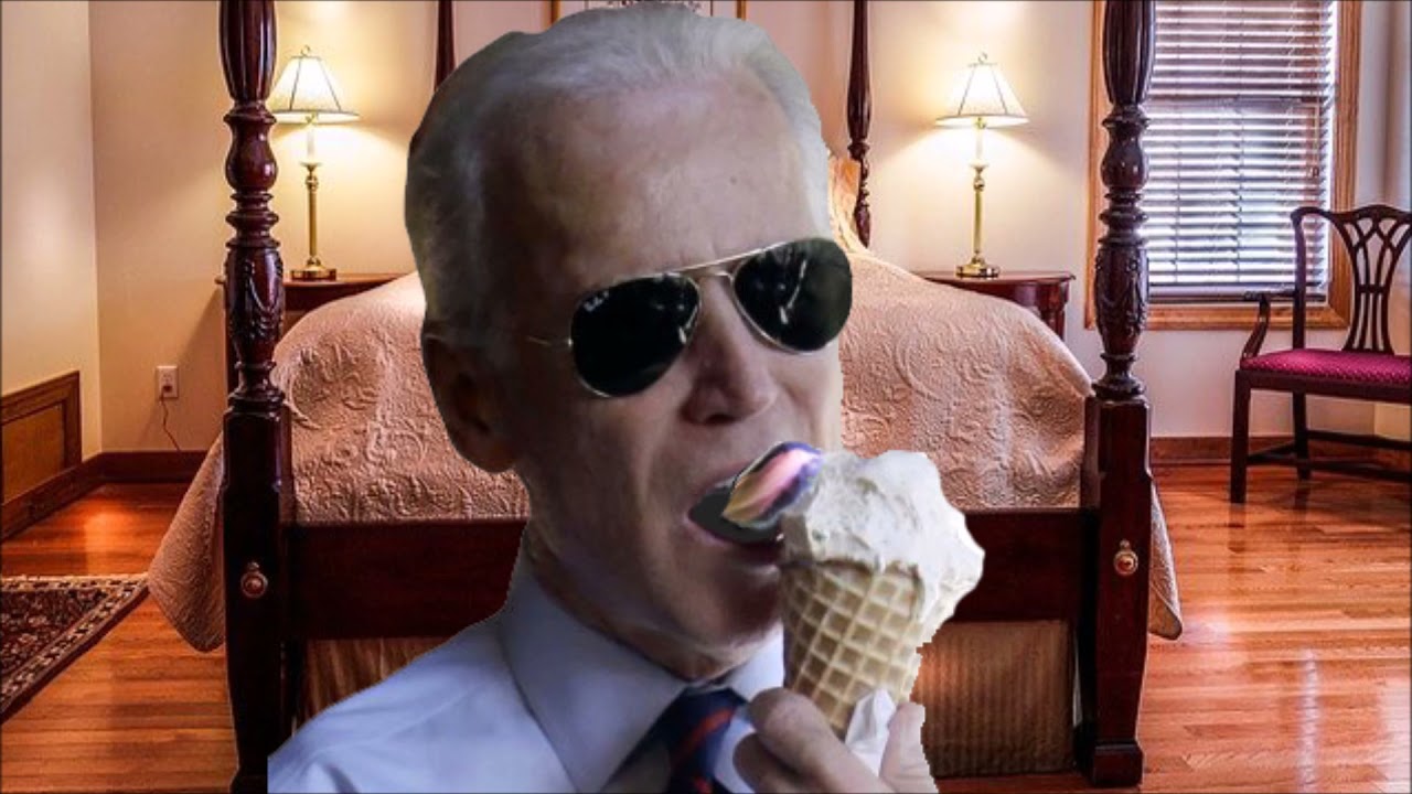 President Joe Biden eating a vanilla ice cream cone inside his bedroom.