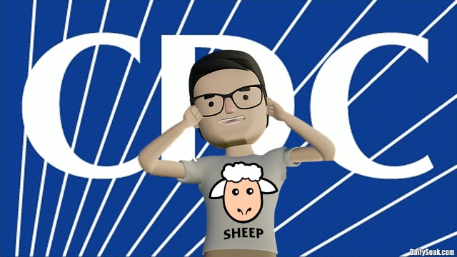 Man in glasses and sheep shirt holding his ears in front of CDC logo sign.
