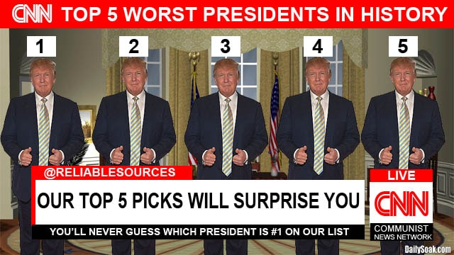 Parody CNN headline showing five Donald Trumps standing inside Oval Office.