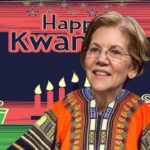 Elizabeth Warren wearing orange African shirt against Kwanzaa background.