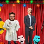 Joe Biden, Seth Rogen, Alec Baldwin, and Big Bird standing in front of red curtain.