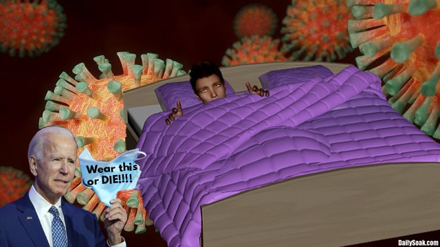 Joe Biden standing next to man sleeping on purple bed with Omicron background.