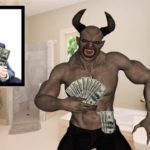 Satan holding a wad of hundred dollar bills inside Joel Osteen's bathroom.