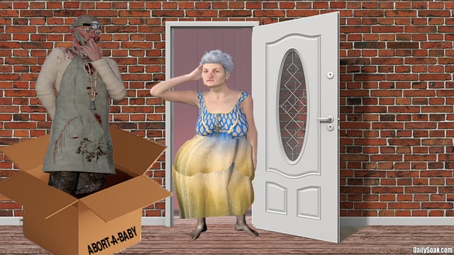 Fat woman in home doorway standing next to FDA medical doctor.