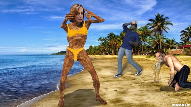 Nancy Pelosi wearing a yellow bikini on a sunny Cancun beach.