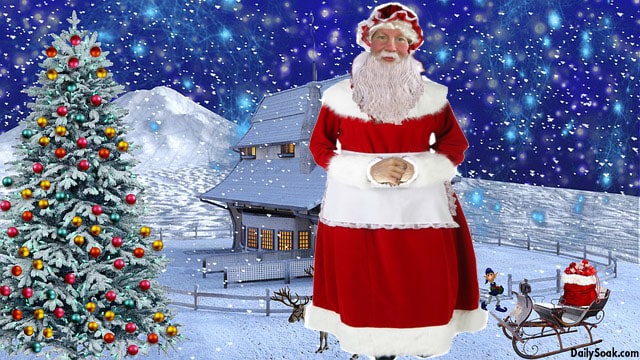 Santa Claus wearing Mrs. Claus red outfit outside in the snow.