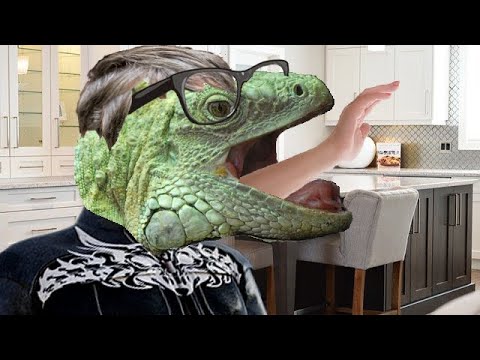 Giant green lizard person Bill Gates swallowing a human arm.