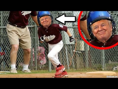 Donald Trump wearing a Little League Baseball uniform on field.