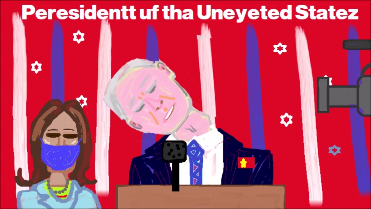 Cartoon Joe Biden and Kamala Harris against red background.