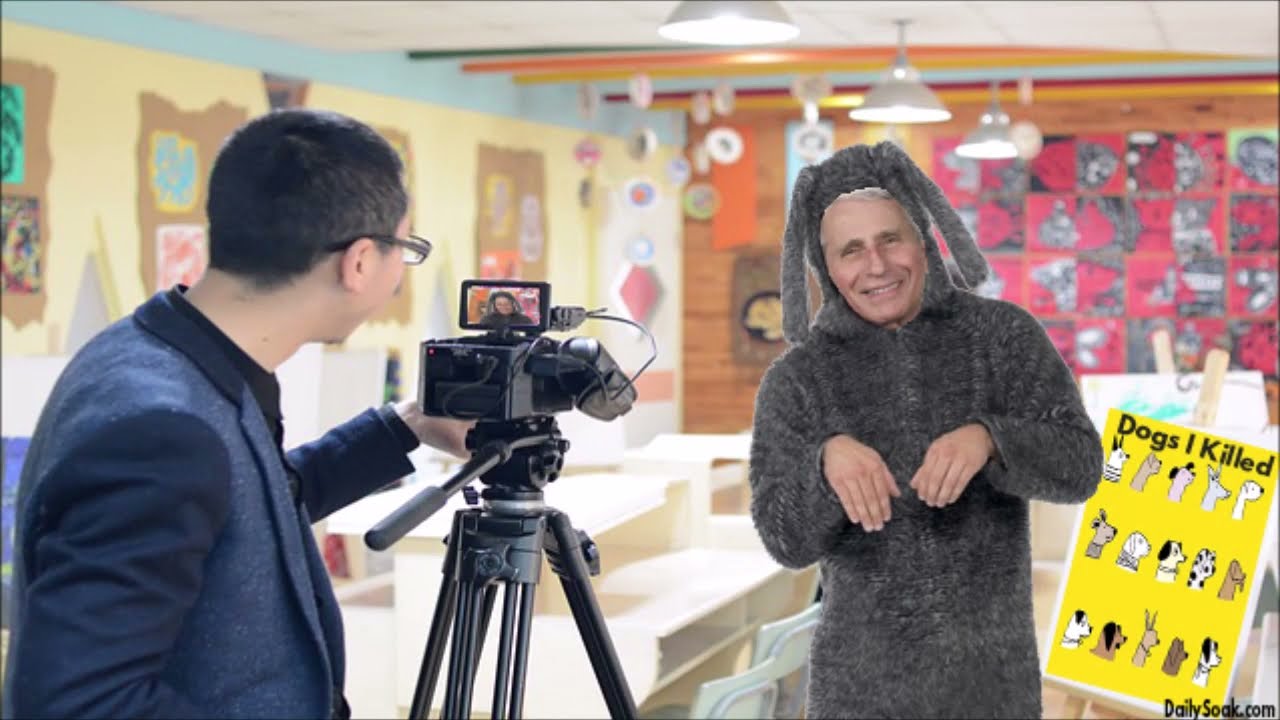 Dr. Fauci wearing a gray dog costume in front of video camera.