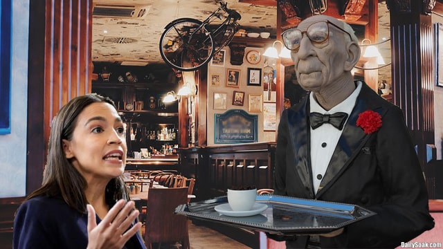 AOC screaming at an old male waiter inside Florida restaurant.