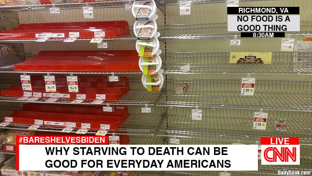 Parody CNN program showing empty grocery store shelves.