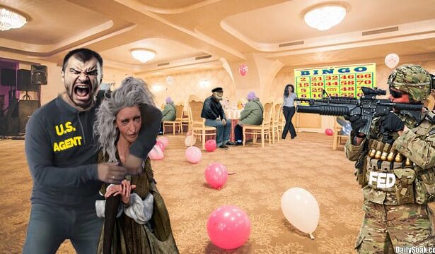 Two Justice Department agents beating up an old lady inside a tan Bingo hall.