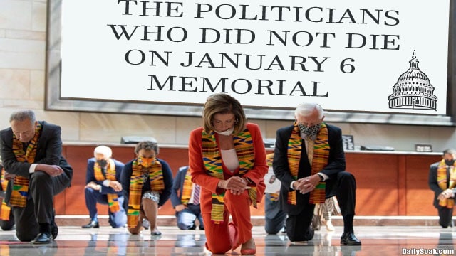 Democrats Nancy Pelosi, CHuck Schumer, and Joe Biden kneeling down inside the Capitol Building.