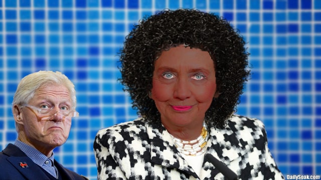 Parody of Hillary Clinton wearing blackface as a black woman.