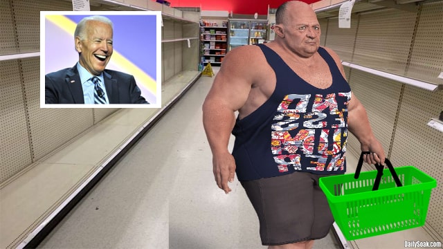 Joe Biden in an empty grocery store near an obese man.