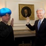 Parody showing Joe Biden swearing in a new Supreme Court Justice inside White House.